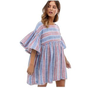 Free People "Summer Nights" Raw Hem Tattered Stripe Babydoll Tunic or Dress Sz M